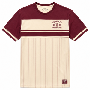T-shirt de baseball rayé pour homme Heritage Supply Co, couleur bordeaux et crème, imprimé Athletic Dept, en coton respirant, style pull-over - Product Image 1