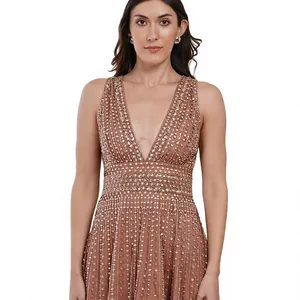 Elegant <b>Rose</b> <b>Gold</b> <b>Sequin</b> <b>Dress</b> For Plunging V-Neck Sleeveless Evening <b>Dress</b> Shimmering Pleated Cocktail Party <b>Dress</b> - Product Image 6
