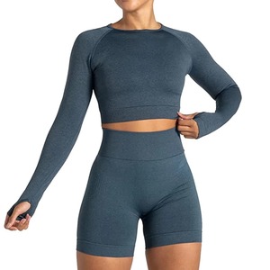 High Quality Fitness <b>Women</b> Soft Crew Neck Long Sleeve Crop <b>Top</b> Shirt Sportswear Slim Fit <b>Compression</b> Sexy Gym Crop <b>Top</b> - Product Image 3