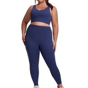 Plus Size Yoga Set <b>Crop</b> <b>Top</b> Full Length Leggings High Waist Seamless Solid Navy Blue 2 Piece Activewear - Product Image 1