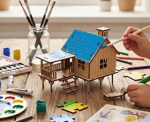 ชุดงานฝีมือทำบ้านไม้ DIY พร้อมระเบียงและบันไดสำหรับตกแต่งโต๊ะทำงาน - Product Image 5