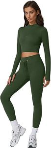 <b>Women</b> Seamless Yoga Set High Waist <b>Leggings</b> Full Length Turtleneck Top 2 Piece Stretchable Gym Wear Solid Green - Product Image 2