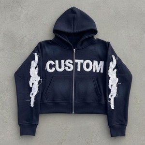 Custom Embroidered <b>Zip</b>-Up <b>Hoodie</b> Crop Length Unisex Streetwear French Terry Regular Fit White Letter Design Front <b>Pocket</b> - Product Image 1