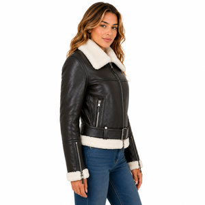 Veste d'aviateur en peau de mouton authentique pour femme – Elsie marron et blanc - Product Image 4