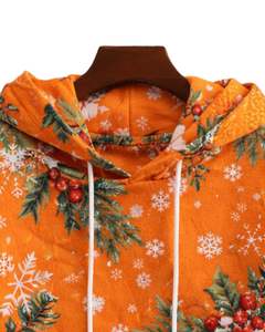 Sudadera con Capucha para Mujer con Estampado de Copos de Nieve Navideños en Color Naranja, Felpa de Algodón, Estilo Casual, Fabricante Personalizado, Proveedor de Ropa al por Mayor - Product Image 5