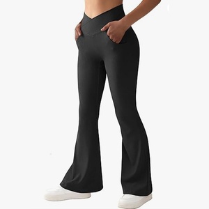 Wholesale Custom Ribbed <b>Flare</b> Pants V Waist Fitness Yoga <b>Leggings</b> With Pocket - Product Image 1