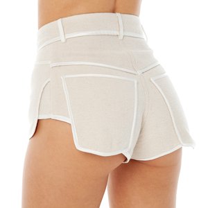 High Waist <b>White</b> Knitted <b>Shorts</b> With Gold Zipper Fly Casual Style Breathable Fit - Product Image 3