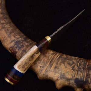 Cuchillo de caza artesanal de acero de Damasco, hoja de 4 pulgadas, borde parcialmente dentado, patrón de gota de lluvia, cuerno de ciervo, Dollar Sheet - Product Image 3