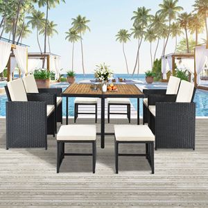 Set da Pranzo da Esterno in Rattan PE Resistente alle Intemperie con Piano in Legno, 8 Posti, Rattan Nero + Cuscini Beige, Set da Giardino 9 Pezzi - Product Image 2