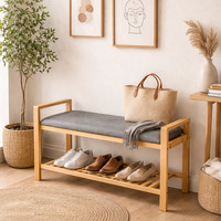 Banc en bambou à double niveau pour entrée et salon, avec étagère à chaussures, design gain de place