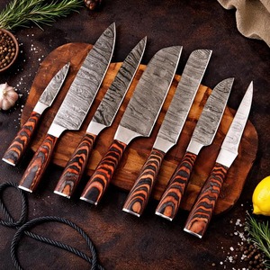 Handmade Damascus Steel Chef <b>Knife</b> <b>Set</b>, Pakka Wood Handles, Leather Sheath, 7 Piece - Product Image 1