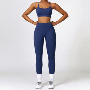 Ensemble de leggings taille haute de couleur unie pour femmes, soutien-gorge de sport, tenue de yoga, vêtements de sport extensibles en tricot, 5 couleurs disponibles - Product Image 3