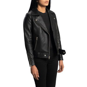 Chaqueta de Motociclista de Cuero Negra para Mujer, con Cierre Asimétrico, Cuello Camisero - Product Image 4