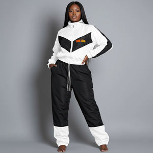 Ensemble de survêtement sportif deux pièces pour femme de haute qualité, coupe ample à manches longues, col montant zippé, color block, toutes saisons - Product Image 4