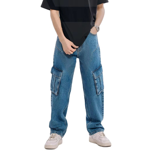 Pantalon cargo baggy pour homme, coupe droite, bleu foncé, tissé, respirant, avec décoration délavée, taille mi-haute, coupe ample, prix ultra bas, en stock - Product Image 1