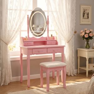 Princess Pink Wooden Makeup Vanity Table with 4 Drawers Light Modes Cushioned Stool for Girls Bedroom Princess Vanity <b>Desk</b> <b>Set</b> - Product Image 1