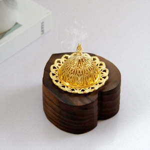 Handmade Brass Incense Burner With Mesh Design Gold Color On Sandalwood Base Aromatherapy Decorative All Season Use - Product Image 4