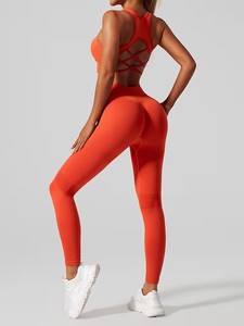 Seamless Two Piece Gym Outfit Criss Cross <b>Open</b> Back Support <b>Bra</b> with Tummy Control Ribbed Waist Athletic Tights Yoga Suit - Product Image 2