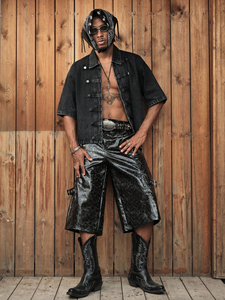 2. Camisa de mezclilla de doble botonadura para hombre, estilo Frog Button, negra lavada, manga corta B - Product Image 5