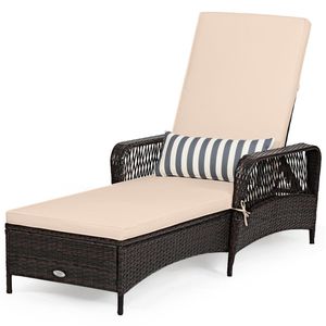 Lettino da Giardino Regolabile a 6 Posizioni in Vimini PE Marrone 200,66 x 73,66 cm con Cuscino Beige, Capacità 400 Libbre, Reclinabile da Esterno Robusto - Product Image 1