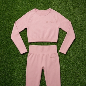Women Dusty <b>Pink</b> Long Sleeve Crop Top High Waist <b>Leggings</b> Yoga Set <b>Gym</b> Fitness Activewear Workout Set - Product Image 5