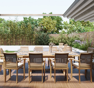 Ensemble de table à manger rectangulaire extra longue en teck massif de luxe avec chaises à accoudoirs, finition naturelle, meubles de jardin et de terrasse - Product Image 2