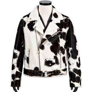 Veste de moto en cuir de vachette noir et blanc pour homme, col rabattable, fermeture éclair, ceinture, imperméable, respirante, coupe-vent pour l'hiver - Product Image 5