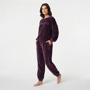 Conjunto Deportivo de Terciopelo Morado para Mujer, Manga Larga, Cuello Redondo, Corte Holgado, Pantalones Deportivos con Bolsillos Laterales, Ropa Casual, Logotipo Personalizado con Pedrería - Product Image 2