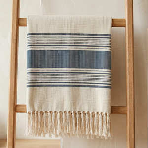 Manta de Sofá Tejida de Algodón Crema con Rayas Horizontales de 130x170 cm, con Flecos Decorativos para Decoración Moderna del Hogar - Product Image 2