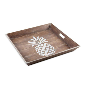 Plateau de service rectangulaire en bois avec poignées métalliques à motifs géométriques, design rétro fait main, construction en bois massif durable - Product Image 4