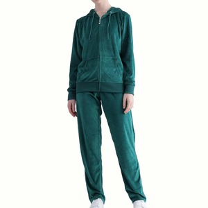 <b>Women's</b> Green Velvet <b>Tracksuit</b> Hooded Full Sleeve Solid Color Casual Autumn Wear with Side Pockets Zipper Closure - Product Image 3