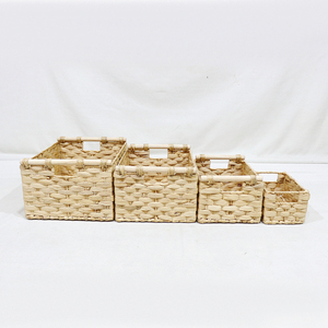 Panier de rangement moderne et écologique en jacinthe d'eau, lot de 4, rectangulaire avec poignées en bois, multifonction - Product Image 1
