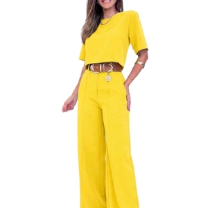 Ensemble de survêtement décontracté pour homme, jaune uni, à manches courtes, à capuche, coupe régulière, grande taille, en polyester/coton, poids moyen, élastique - Product Image 3