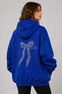 เสื้อฮู้ดดี้โอเวอร์ไซส์สีน้ำเงิน พรีเมียม ผ้าฝ้าย 100% พิมพ์ลายผีเสื้อประดับเพชร แขนยาว ทรงปกติ ผ้าฟลีซ ใส่ได้ทั้งชายและหญิง เหมาะสำหรับฤดูหนาว - Product Image 2