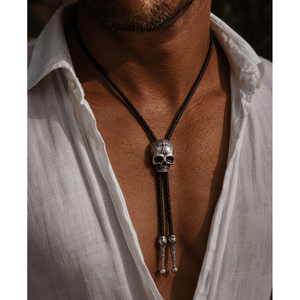 Cravate Bolo Rétro en Alliage avec Pendentif Tête de Mort – Cravate Cowboy Ajustable en Cuir Véritable pour Hommes et Garçons - Product Image 1