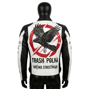 เสื้อแจ็คเก็ตหนังผู้ชายลายกราฟิกสีดำขาวแดง รุ่น Trash Polka Racing สำหรับขี่มอเตอร์ไซค์ สไตล์สตรีทแวร์ - Product Image 2