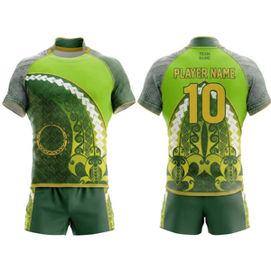 Conjunto de Camiseta de Rugby Sublimada Personalizada, Unisex, Verde y Amarillo, Estampado Tribal, Absorbe la Humedad, Manga Corta, Uniforme, Tallas Grandes, Todas las Temporadas - Product Image 1