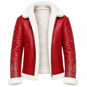 Custom Red Shearling Bomber <b>Jacket</b> with <b>Rhinestone</b> Embellished Sleeves and White Fur Trim Vintage Winter Unisex Front Design - Product Image 1