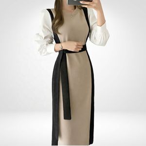Robe pull tricotée pour femme, couleur contrastée, ceinturée, mi-longue, manches longues, col rond, robe de bureau pour l'automne - Product Image 3