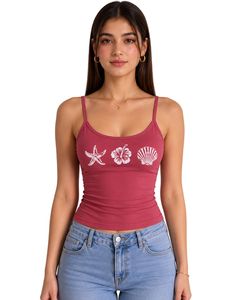 สีชมพูเข้ม เสื้อกล้ามสายเดี่ยวสำหรับผู้หญิง ทรงครอป แขนกุด ทรงเข้ารูป สำหรับฤดูร้อน สไตล์ลำลอง พิมพ์ลาย เสื้อสายเดี่ยวแฟชั่น เนื้อผ้านุ่ม ยืดหยุ่นได้ สตรีทแวร์ - Product Image 1