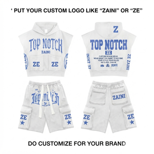 ZAINI 280 GSM Premium Polyester Fleece <b>White</b> Sleeveless Crew Neck T Shirt <b>Cargo</b> Short Set Custom Embroidery Front Logo - Product Image 1