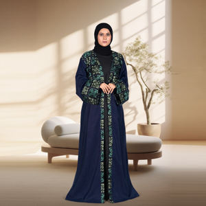 Abaya ample ouverte sur le devant en lin brodé, à motifs unis traditionnels, élégante et modeste, longueur ras du sol, pour l'Aïd et le Ramadan, de créateur - Product Image 1
