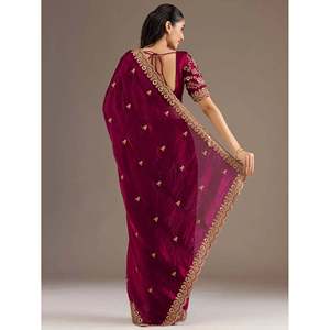 Vestido de Novia, Saree de Seda Bordado con Zari Color Granate, Elegante para Fiestas, con Blusa - Product Image 5
