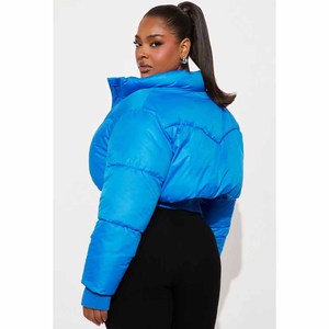Veste matelassée en jean pour femme avec col, manches longues, fermeture éclair, vêtement d'extérieur d'hiver, veste matelassée bleu clair - Product Image 5