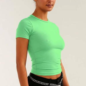 เสื้อยืดแขนสั้นผู้หญิง ทรงเข้ารูป คอกลม ผ้าถัก สีเบจ สไตล์มินิมอล - Product Image 2