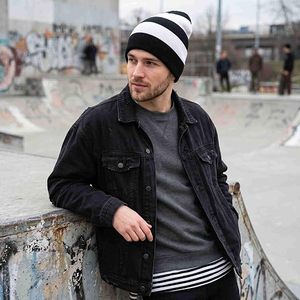 Striped <b>Beanie</b> <b>Hat</b> 100% Acrylic Winter Knit Cap for <b>Men</b> Casual Style Black White Color Block Design Unisex Adult Fit - Product Image 5