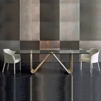 Набор из итальянского стекла и блестящего обеденного стола, 8 стульев с мраморным скошенным краем, стеклянный столешница, основание из нержавеющей стали, обеденный стол