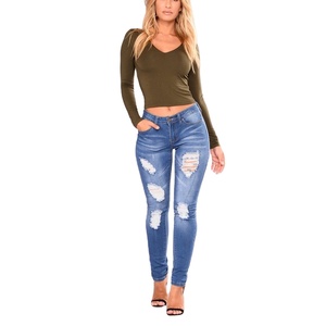 Jeans slim coupe ajustée taille haute pour femmes BD marque crayon pantalon déchiré bouton design été foncé vente en gros directe - Product Image 4