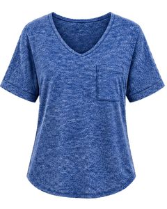 Camiseta con cuello en V para mujer, camiseta informal con bolsillo y manga corta, Top ligero y transpirable a la moda de verano, ajuste elegante, color azul con patrón abstracto - Product Image 1
