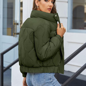 Women's <b>Cropped</b> Quilted <b>Puffer</b> <b>Jacket</b> Stand Collar Zip Snap Button Padded Bubble Coat Winter Outerwear Wholesale - Product Image 2